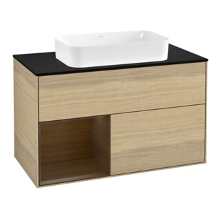V&B Meuble sous lavabo avec plan de toilette bleu m Finion 100x60,3cm, étagère gauche placage chêne