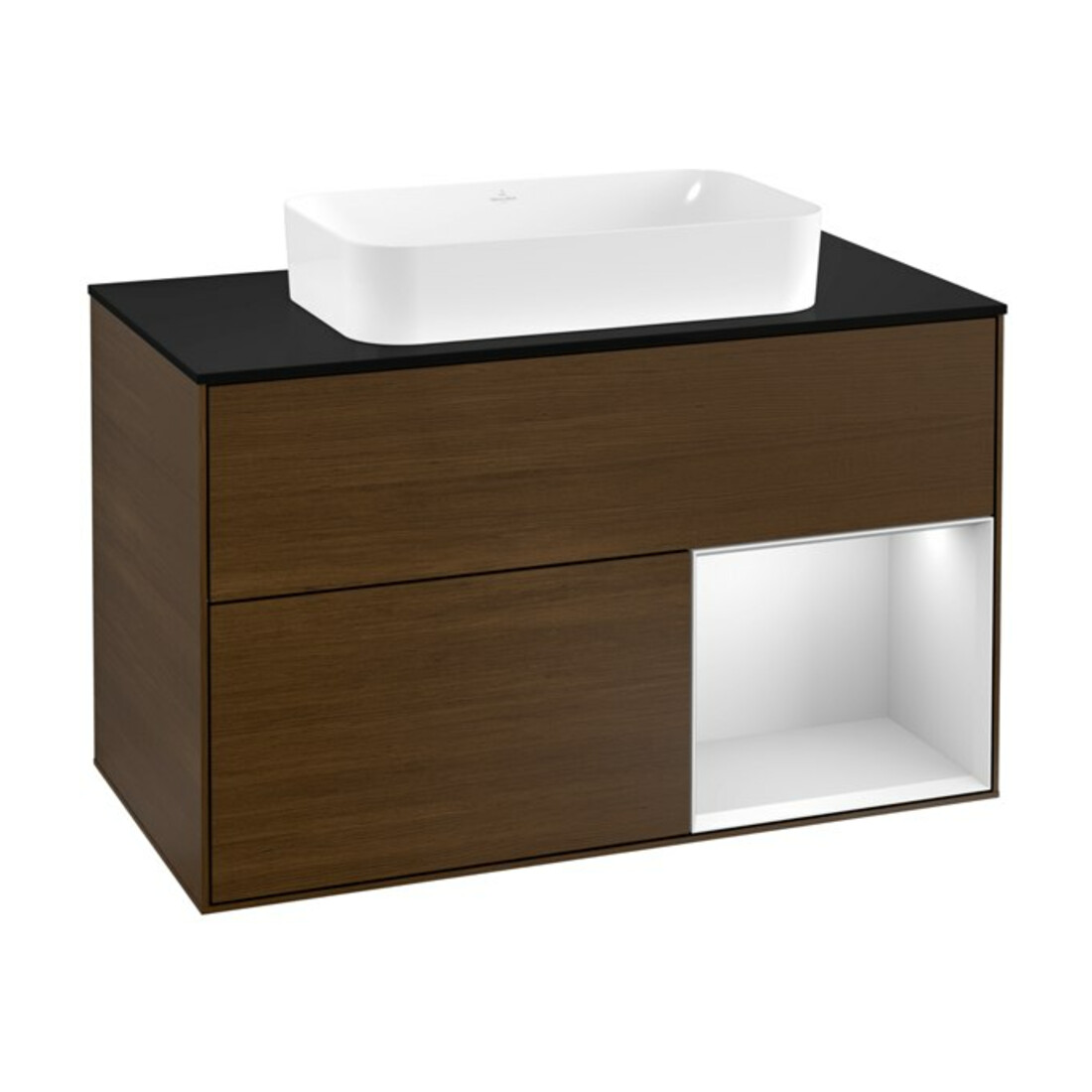 V&B Meuble sous-lavabo avec plan de toilette bleu m Finion 100x60,3cm, tiroir droite blanc m Lac, placage noyer