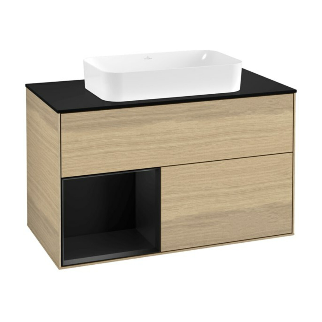 V&B Meuble sous lavabo avec plan de toilette Finion 100x60,3 cm, étagère gauche, bleu avec laque, placage chêne
