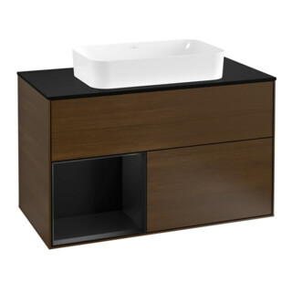 V&B Meuble sous lavabo avec plan de toilette Finion 100x60,3 cm, étagère gauche, bleu mat, placage noyer