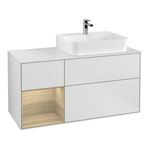 V&B Meuble sous-lavabo avec plan de toilette Gl. bl. avec Finion 120 cm, rég. g. Oa ven, laque mate blanche