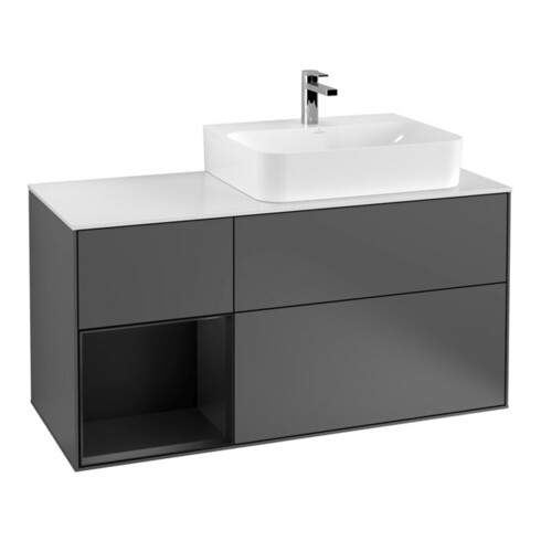V&B Meuble sous-lavabo avec plan de toilette Gl. blanc avec Finion 120 cm, étagère gauche bleue avec laque, anthracite mat