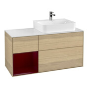V&B Meuble sous-lavabo avec plan de toilette Gl. blanc avec Finion 120 cm, étagère gauche Peony, placage chêne