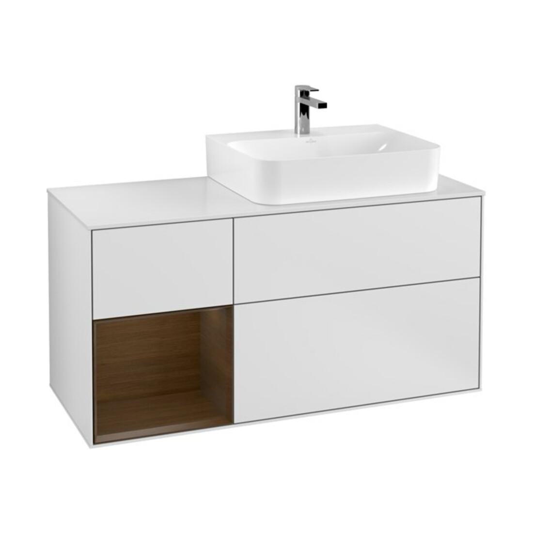V&B Meuble sous lavabo avec plan de toilette Gl. blanc avec Finion 120 cm, tiroir gauche, placage noyer, laqué mat blanc