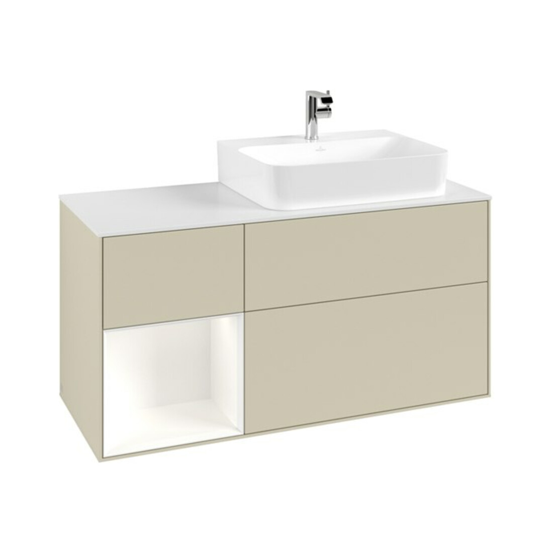 V&B Meuble sous lavabo avec plan de toilette Gl. blanc, Finion 120 cm, côté gauche blanc, corps laqué, poignées laquées
