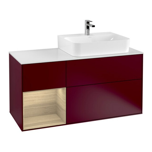 V&B Meuble sous-lavabo avec plan de toilette Gl. blanc m Finion 120cm, rég. gauche placage chêne, Pivoine mat