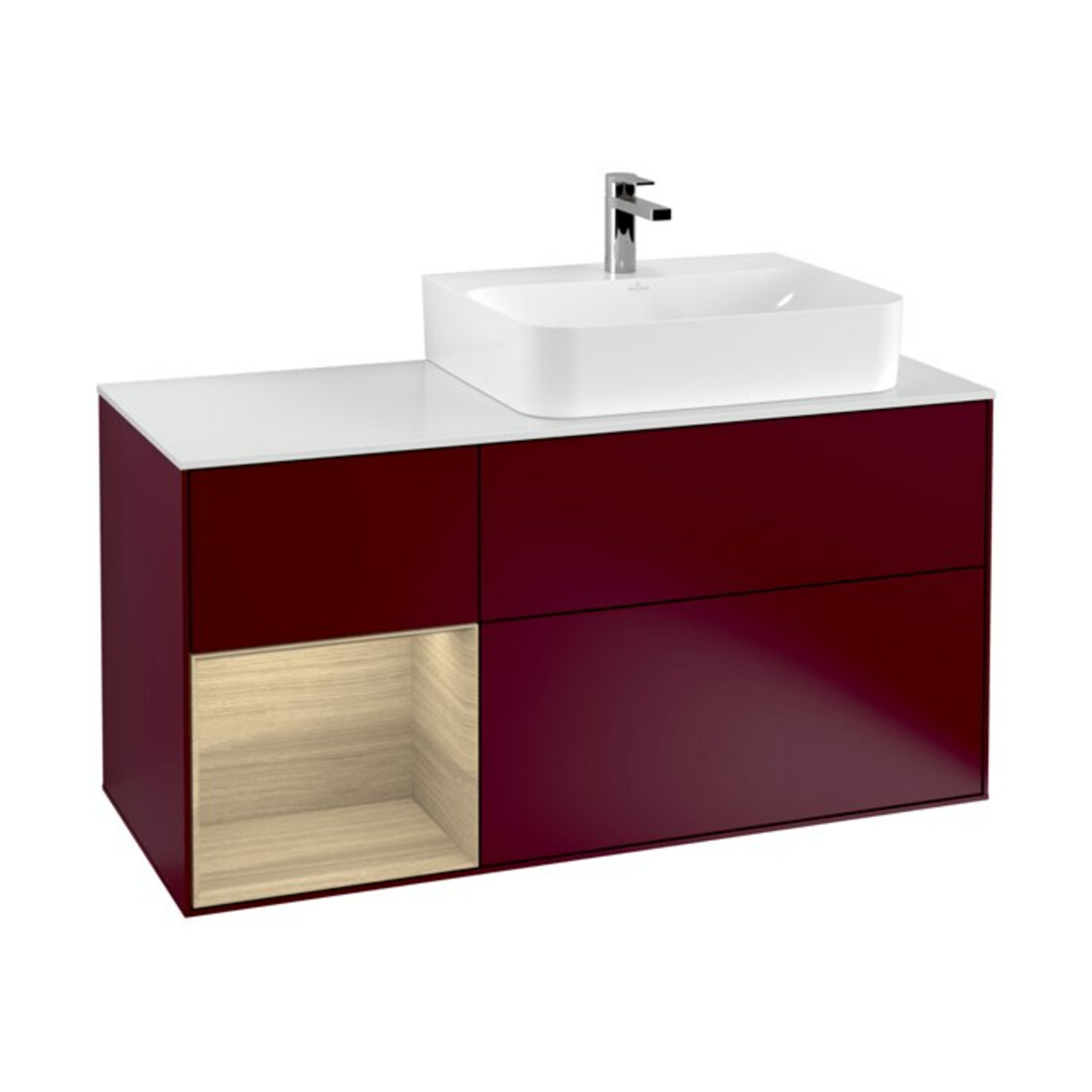 V&B Meuble sous-lavabo avec plan de toilette Gl. blanc m Finion 120cm, rég. gauche placage chêne, Pivoine mat