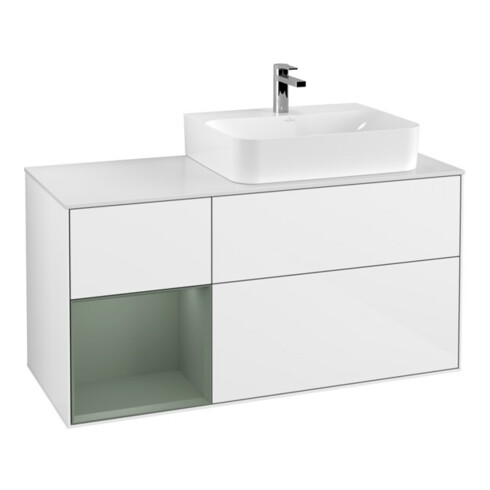 V&B Meuble sous lavabo avec plan de toilette Gl. blanc mat Finion 120 cm, étagère gauche, huile avec laque blanc brillant