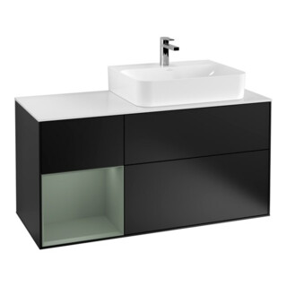 V&B Meuble sous lavabo avec plan de toilette Gl. blanc mat Finion 120 cm, étagère gauche, huile, bleu mat laqué
