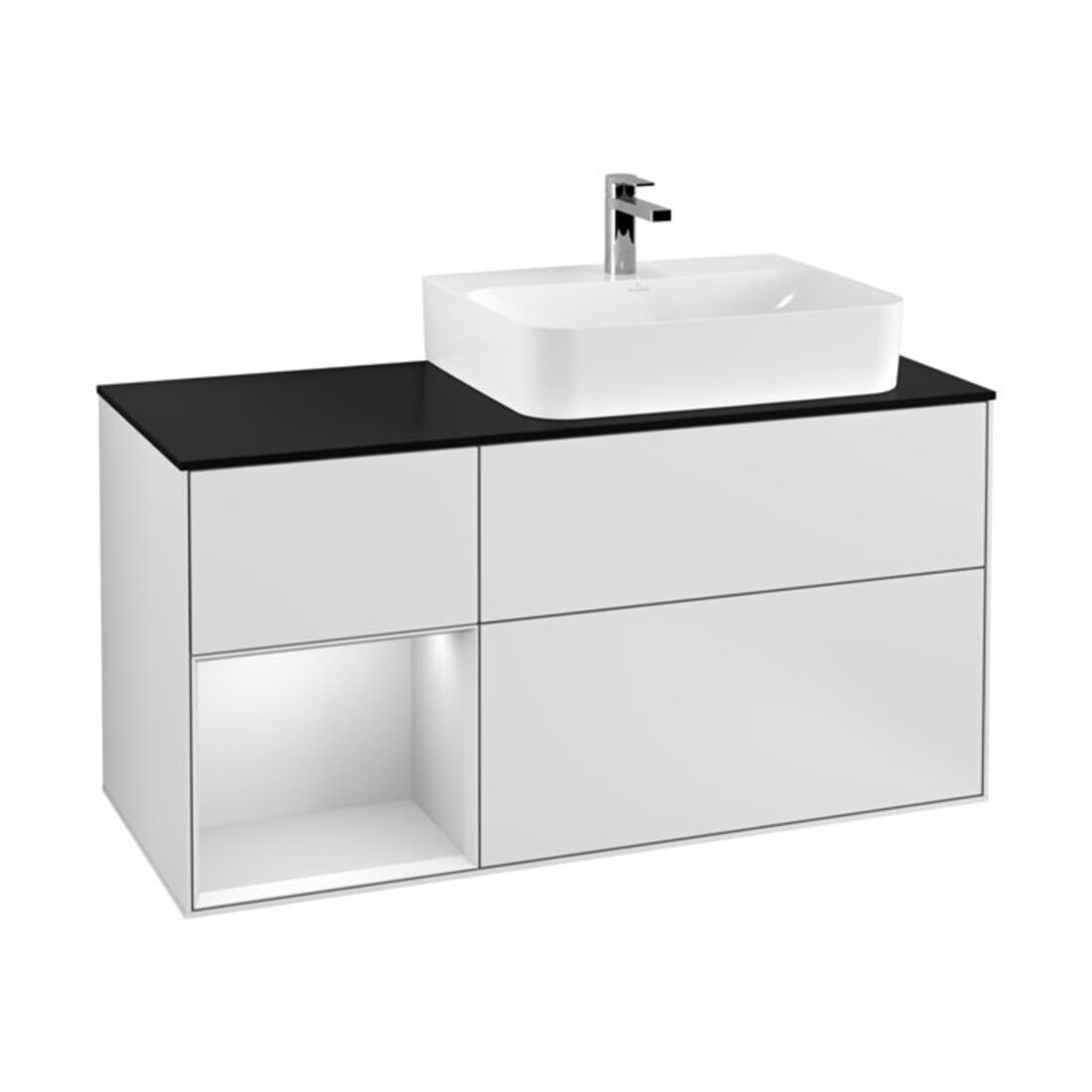 V&B Meuble sous-lavabo avec plan de toilette, verre bleu, Finion 120 cm, étagère gauche, blanc mat laqué