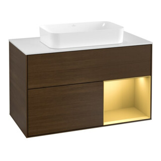 V&B Meuble sous lavabo avec plan de travail blanc et Finion 100x60,3 cm, étagère droite, placage noyer