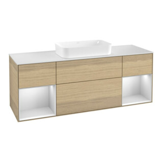 V&B Meuble sous lavabo avec plan de travail blanc et Finion 160x60cm, étagère blanche laquée, placage chêne