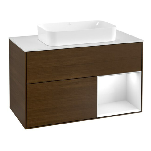 V&B Meuble sous lavabo avec plan de travail blanc Finion 100x60,3 cm, étagère droite, blanc brillant laqué, veinage noyer