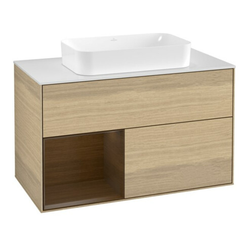 V&B Meuble sous lavabo avec plan de travail blanc Finion 100x60,3 cm, étagère gauche, placage chêne