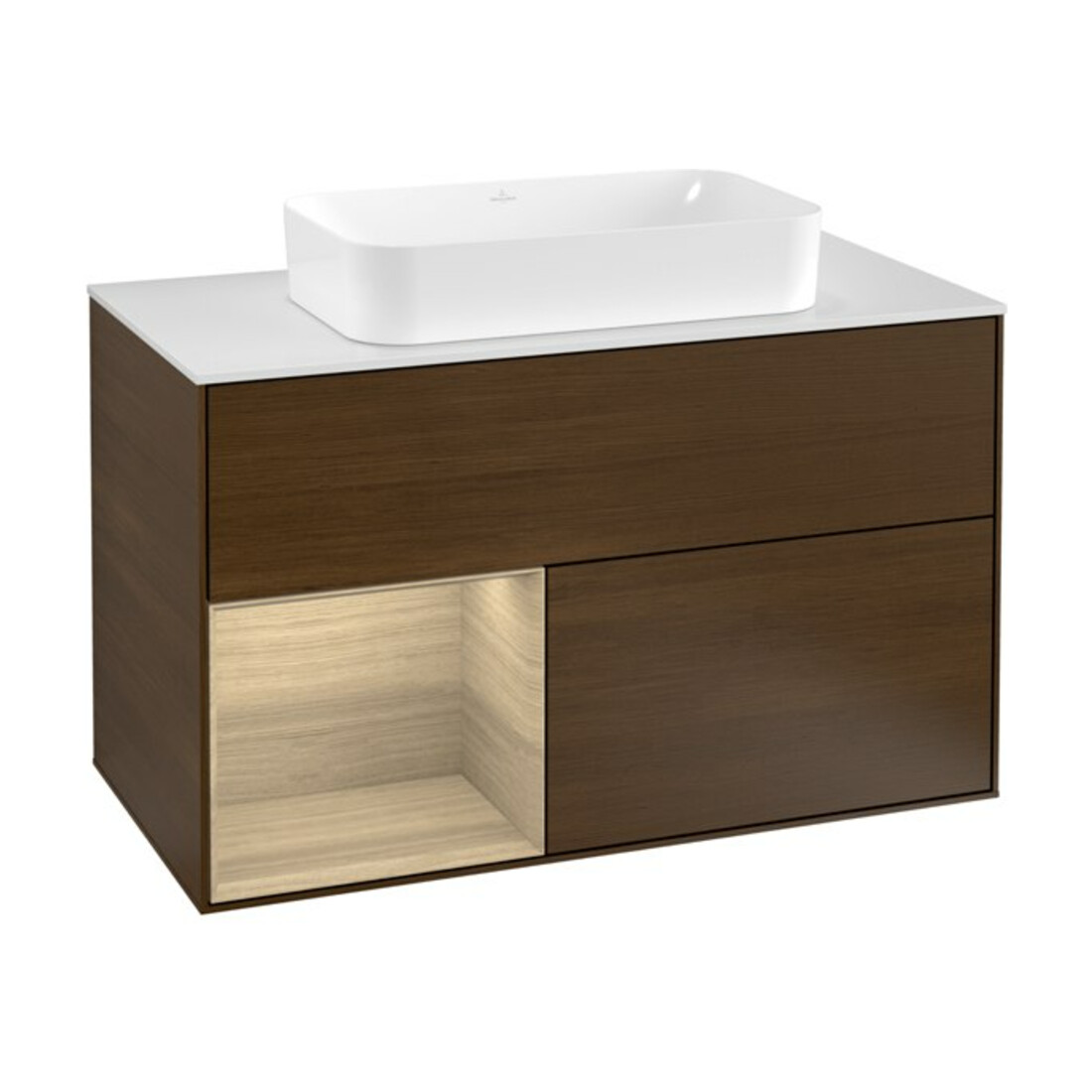 V&B Meuble sous lavabo avec plan de travail blanc Finion 100x60,3 cm, étagère gauche, placage noyer