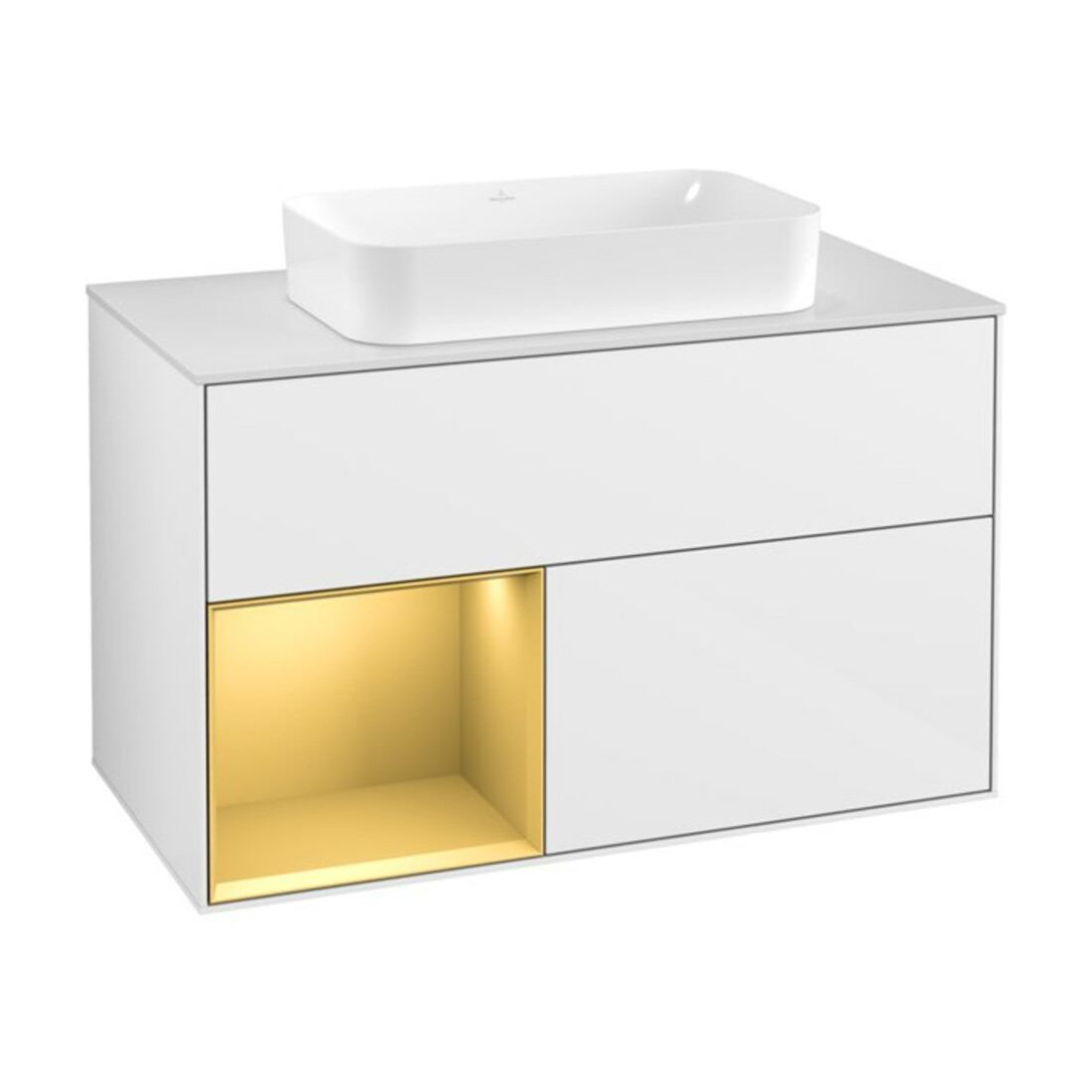 V&B Meuble sous lavabo avec plan de travail blanc Finion 100x60,3cm, étagère gauche, poignée métal, laqué blanc brillant