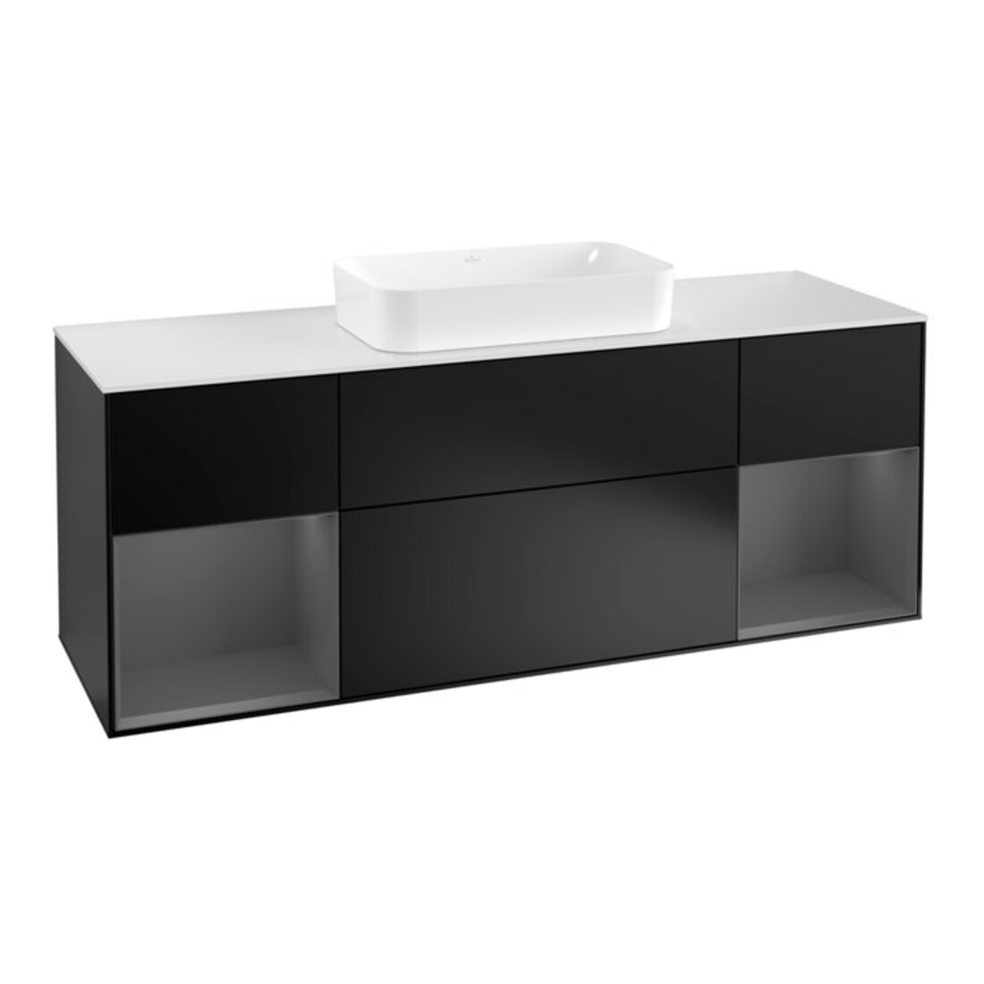 V&B Meuble sous lavabo avec plan de travail blanc Finion 160x60 cm, étagère anthracite laquée, bleu laqué