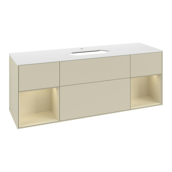 V&B Meuble sous lavabo avec plan de travail blanc Finion 160x60 cm, étagères grises laquées