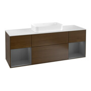 V&B Meuble sous lavabo avec plan de travail blanc Finion 160x60cm, étagère anthracite avec laque, placage noyer