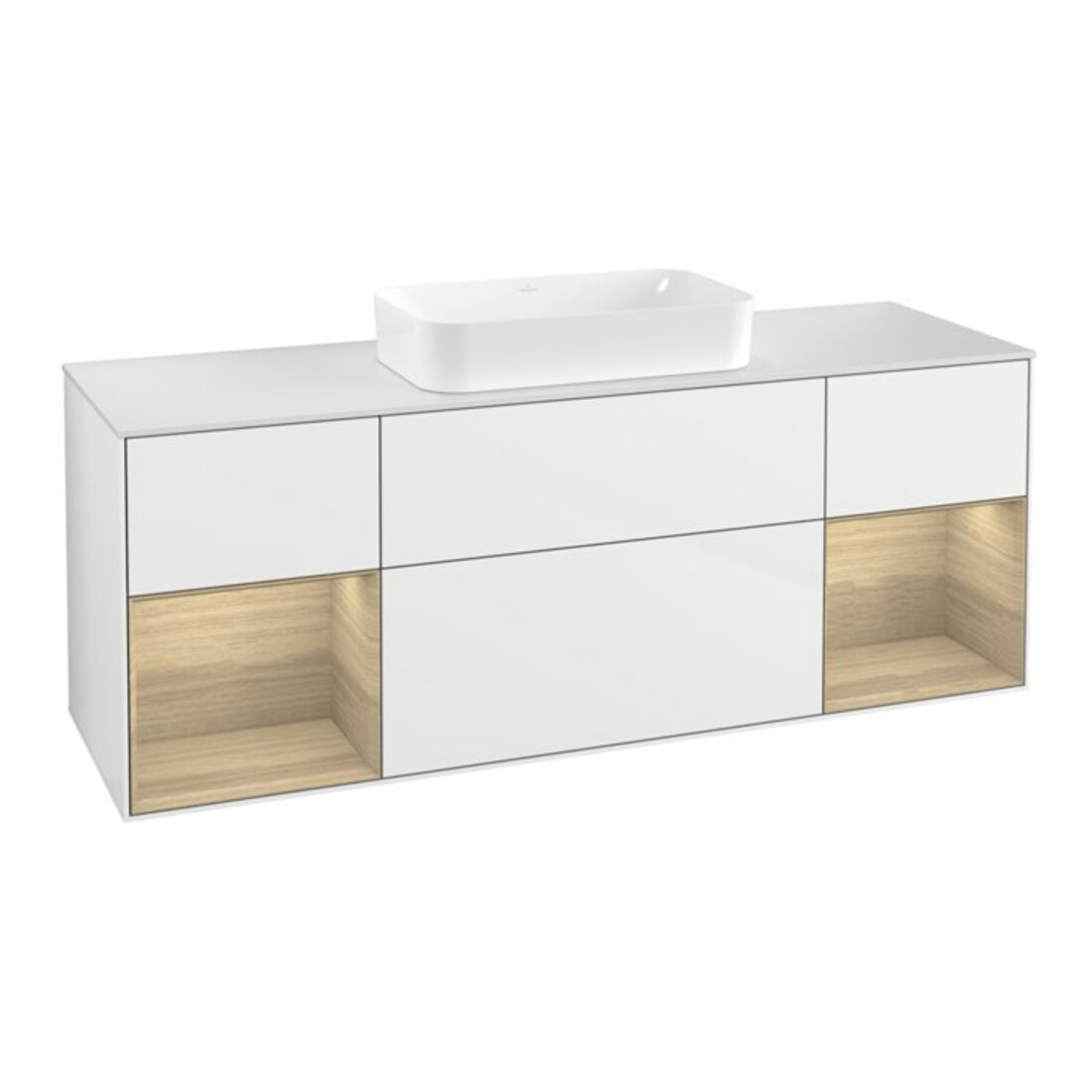 V&B Meuble sous lavabo avec plan de travail blanc Finion 160x60cm, étagère Oa ven, laqué blanc brillant