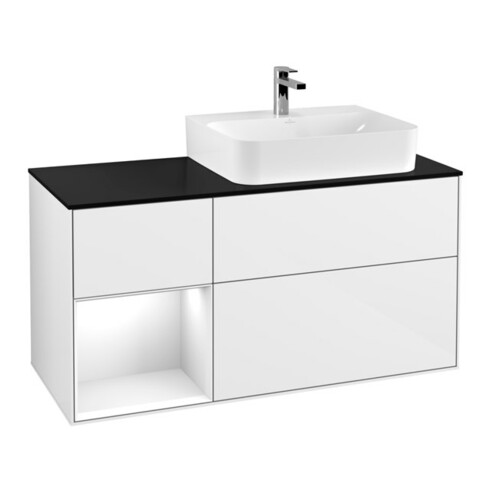 V&B Meuble sous lavabo avec plan de travail bleu brillant Finion 120 cm, étagère gauche blanc brillant laqué