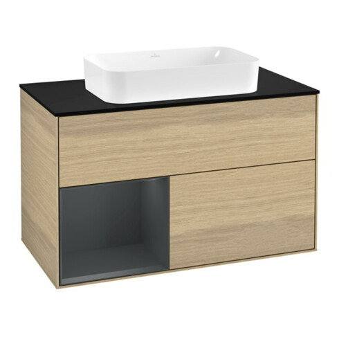 V&B Meuble sous lavabo avec plan de travail bleu Finion 100x60,3 cm, étagère gauche avec porte bleue, laqué, Oa ven