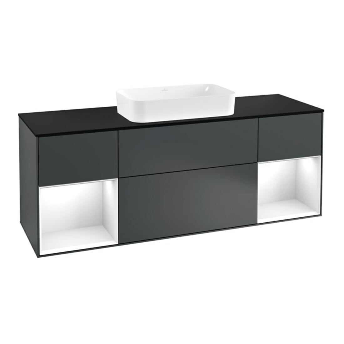 V&B Meuble sous lavabo avec plan de travail bleu Finion 160x60cm, étagère blanche laquée, façade bleue laquée