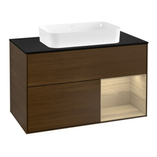 V&B Meuble sous lavabo avec plan de travail bleu m Finion 100x60,3 cm, tiroir droite, placage noyer