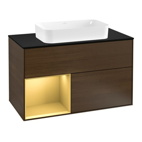 V&B Meuble sous-lavabo avec plan de travail bleu m Finion 100x60,3cm, étagère gauche gol m, placage noyer