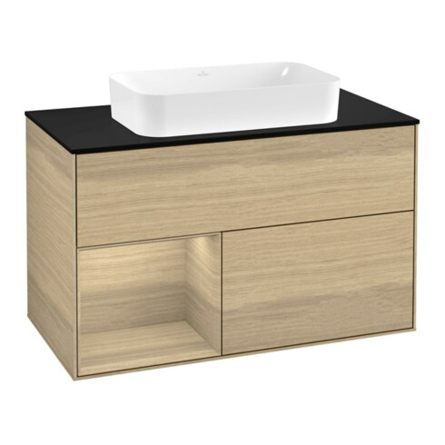 V&B Meuble sous lavabo avec plan de travail bleu m Finion 100x60,3cm, étagère gauche Oa placage chêne