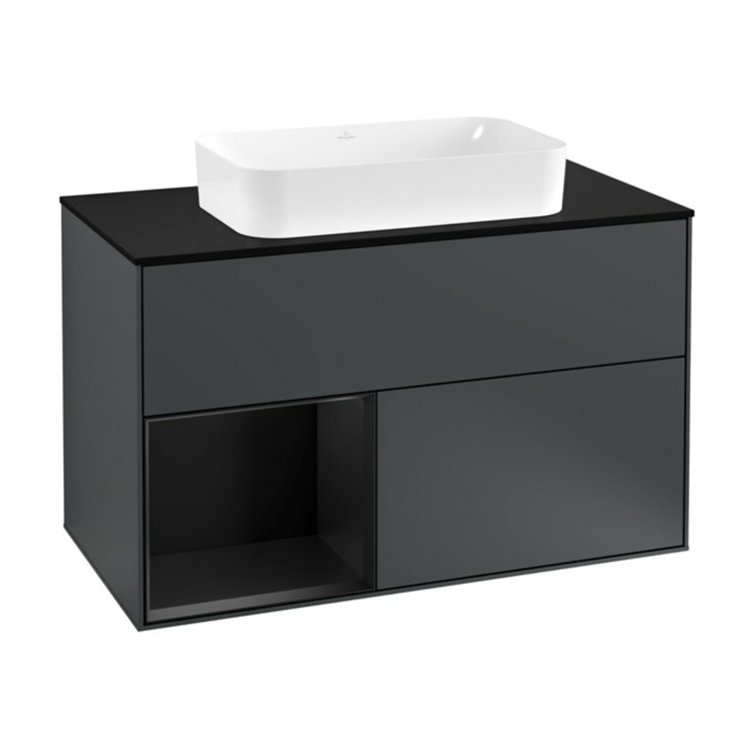 V&B Meuble sous lavabo avec plan de travail Finion 100x60,3 cm, laqué bleu mat, laqué bleu brillant