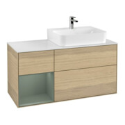 V&B Meuble sous lavabo avec plan de travail Gl. blanc avec Finion 120 cm, rég. gauche, huile avec laque, placage chêne-1