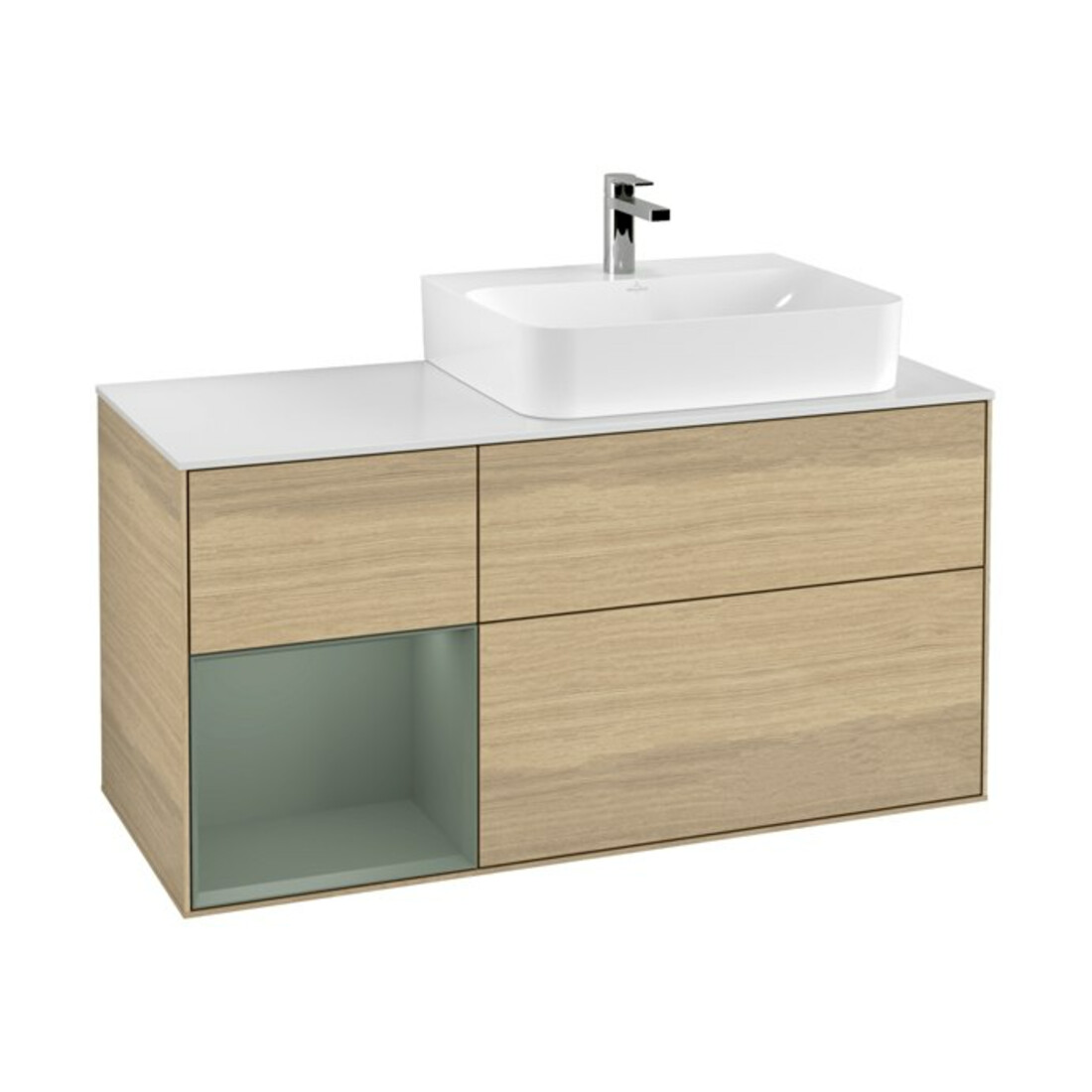 V&B Meuble sous lavabo avec plan de travail Gl. blanc avec Finion 120 cm, rég. gauche, huile avec laque, placage chêne