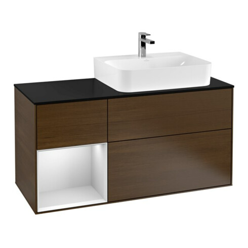 V&B Meuble sous lavabo avec plan de travail, verre bleu, Finion 120 cm, étagère gauche, blanc, placage noyer