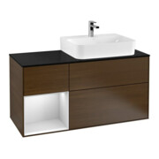 V&B Meuble sous lavabo avec plan de travail, verre bleu, Finion 120 cm, étagère gauche, blanc, placage noyer