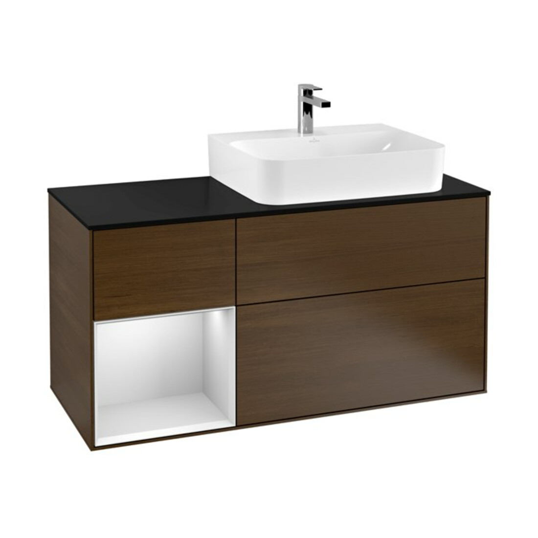 V&B Meuble sous lavabo avec plan de travail, verre bleu, Finion 120 cm, étagère gauche, blanc, placage noyer