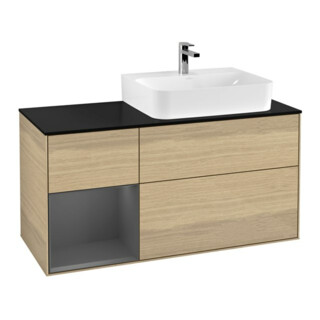 V&B Meuble sous lavabo avec plan en verre bleu Finion 120 cm, étagère gauche, anthracite mat, placage chêne