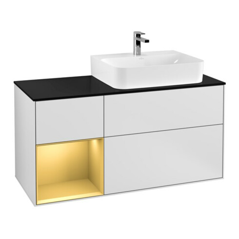 V&B Meuble sous lavabo avec plan en verre bleu, Finion 120 cm, étagère gauche, laqué blanc mat