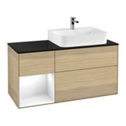 V&B Meuble sous lavabo avec plan en verre bleu Finion 120 cm, étagère gauche, laqué blanc, placage chêne