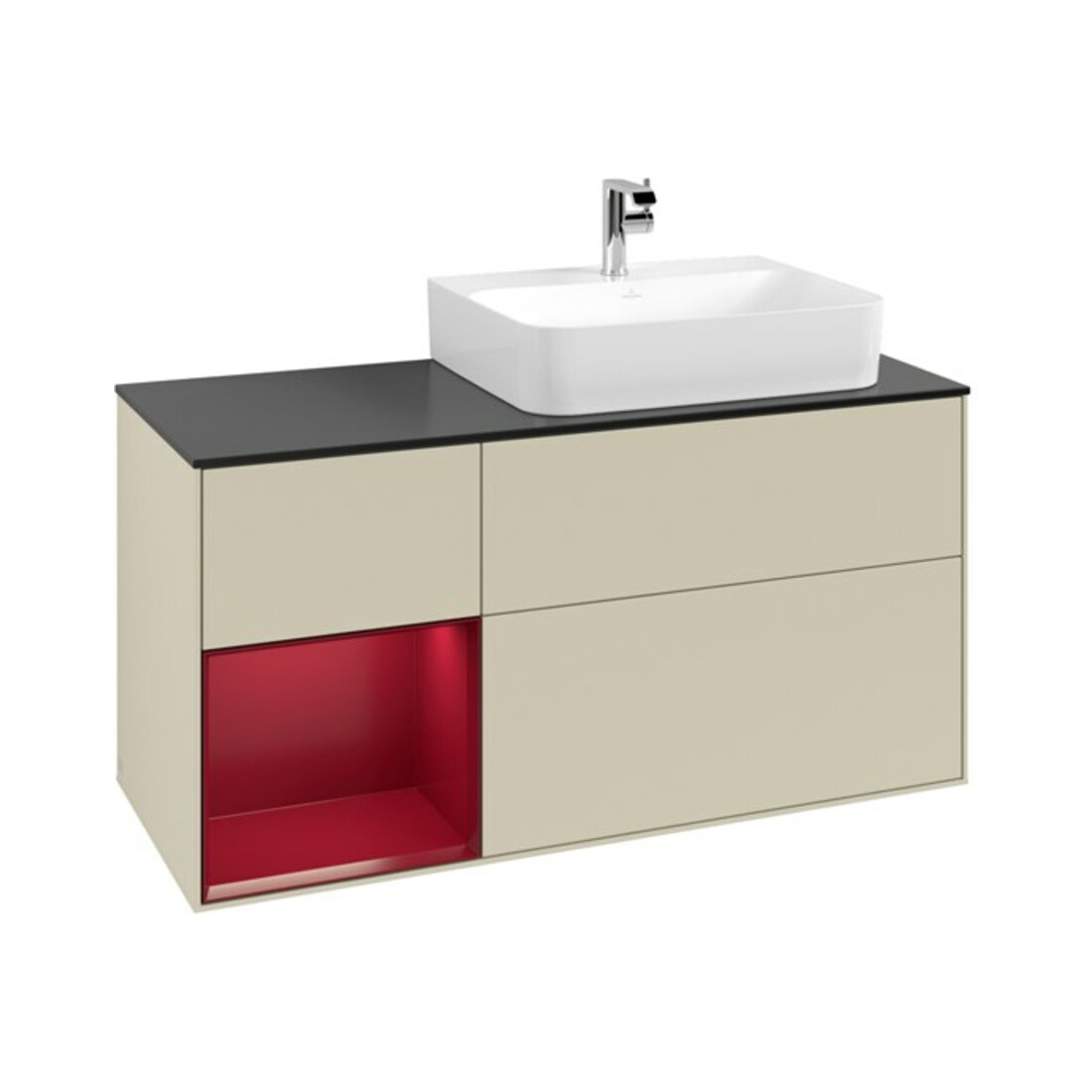 V&B Meuble sous lavabo avec plan en verre bleu Finion 120 cm, étagère gauche Peo, gris mat laqué