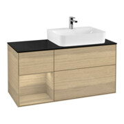 V&B Meuble sous lavabo avec plan en verre bleu Finion 120 cm, étagère gauche, placage chêne