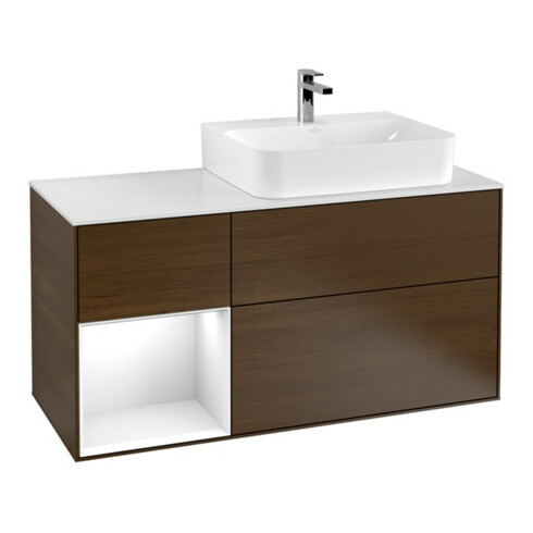 V&B Meuble sous lavabo avec plan finition blanc brillant 120cm, tiroir gauche blanc brillant laqué, placage noyer