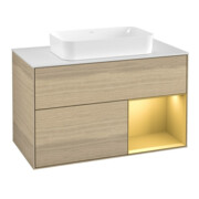 V&B Meuble sous lavabo avec plateau blanc et Finion 100x60,3 cm, tiroir droit or mat, placage chêne