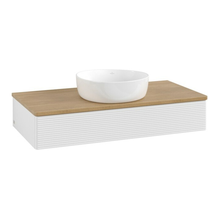 V&B Meuble sous lavabo avec structure de façade, éclairage Antao 100x19x50cm, WBP hon. Oa, blanc brillant Lac