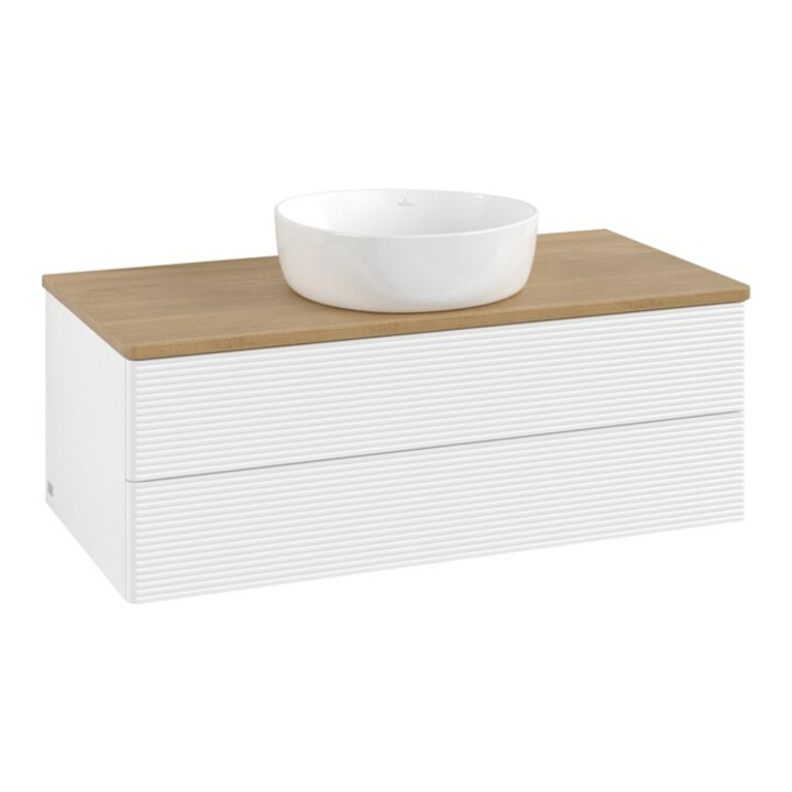 V&B Meuble sous lavabo avec structure de façade - Éclairage Antao 100x36x50cm, WBP chêne, blanc avec laque