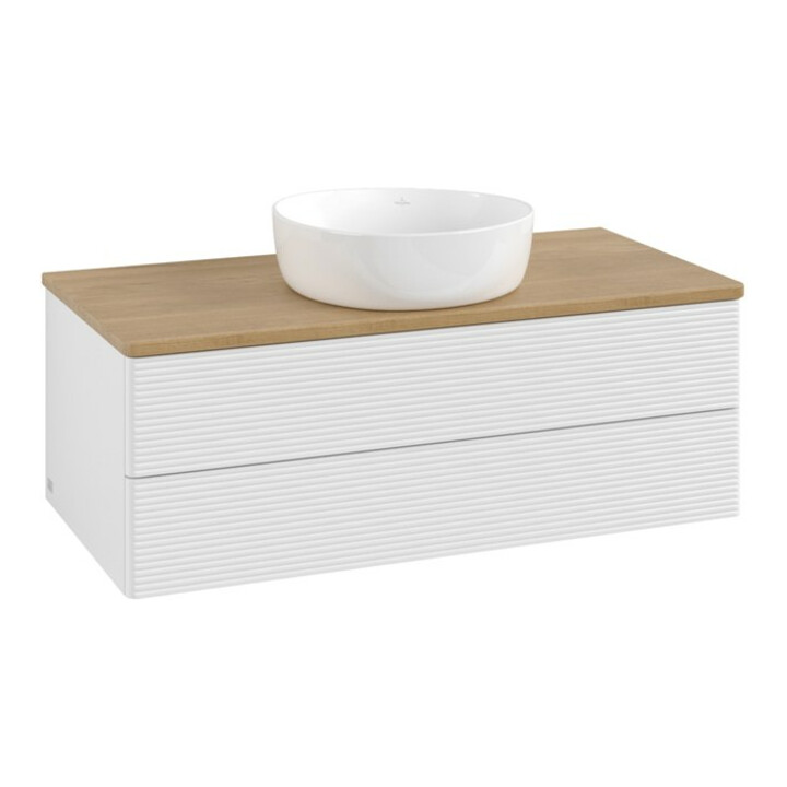 V&B Meuble sous lavabo avec structure de façade - Éclairage Antao 100x36x50cm, WBP chêne hon. Oa, blanc brillant Lac