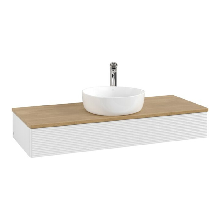 V&B Meuble sous lavabo avec structure de façade, éclairage Antao 120x19x50cm, HL, WBP chêne, blanc laqué