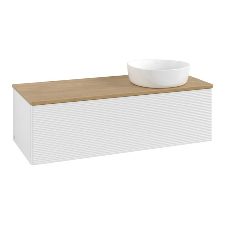 V&B Meuble sous lavabo avec structure de façade, éclairage Antao 120x36x50cm, WBP hon. Oa, blanc brillant Lac