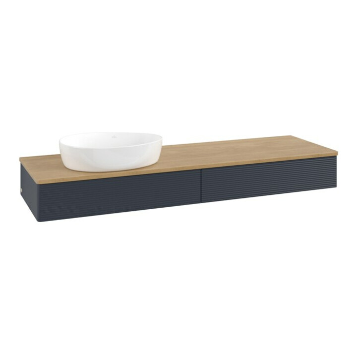 V&B Meuble sous lavabo avec structure de façade - Éclairage Antao 160x50cm, WBP chêne, miroir bleu avec laque