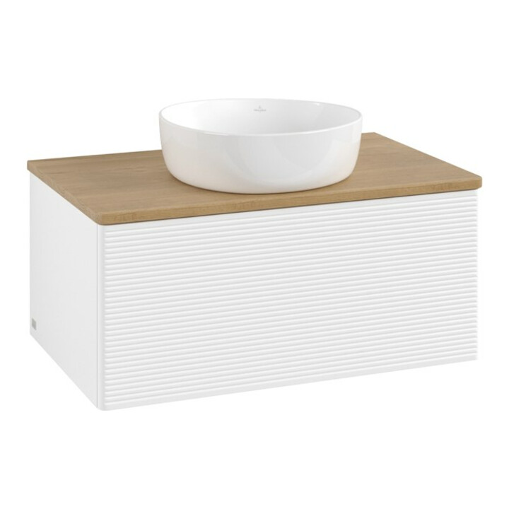 V&B Meuble sous lavabo avec structure de façade - éclairage Antao 80x36x50cm, couleur WBP hon. Oa, blanc avec laque